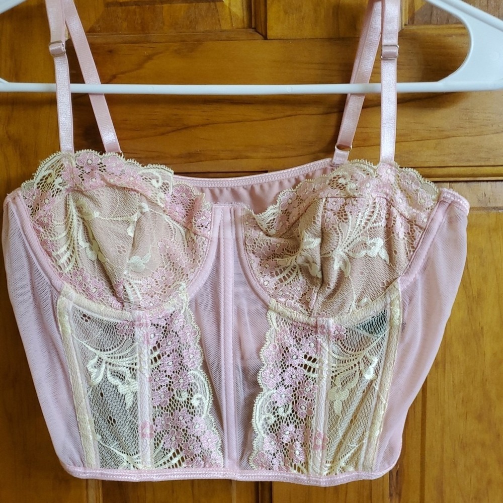 Adore Me Sz S Bustier Top Women Pink Floral Lace Mesh Coquette Lingerie Camisole